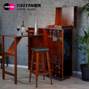 复古可移动酒柜吧台实木意式设计师创意折叠式储物柜中古风展示柜