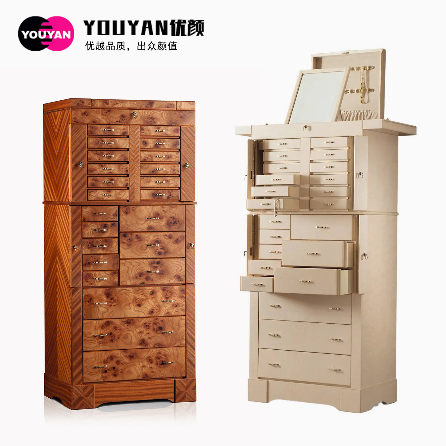多层抽屉珠宝柜首饰柜高端别墅豪宅实木收纳柜创意带镜落地储物柜