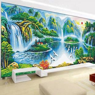 手工画满绣大幅客厅2020新款 流水生财聚宝盆十字绣山水画中式 线绣