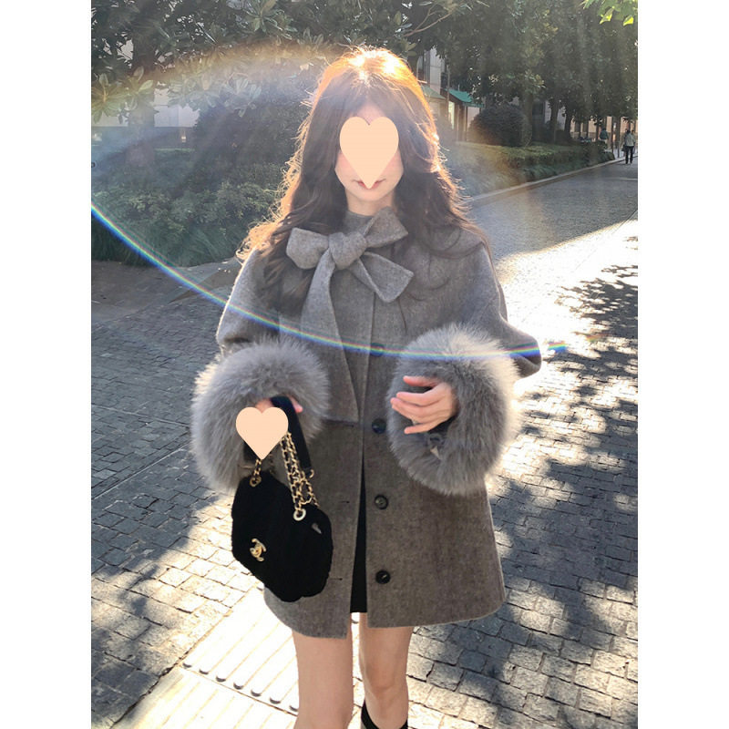 复古优雅蝴蝶结斗篷上衣毛袖中长款大衣毛呢子外套女秋冬季级感