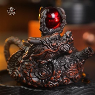 紫陶龙爪盘龙泡茶壶高档复古纯手工浮雕大容量功夫茶具礼盒装