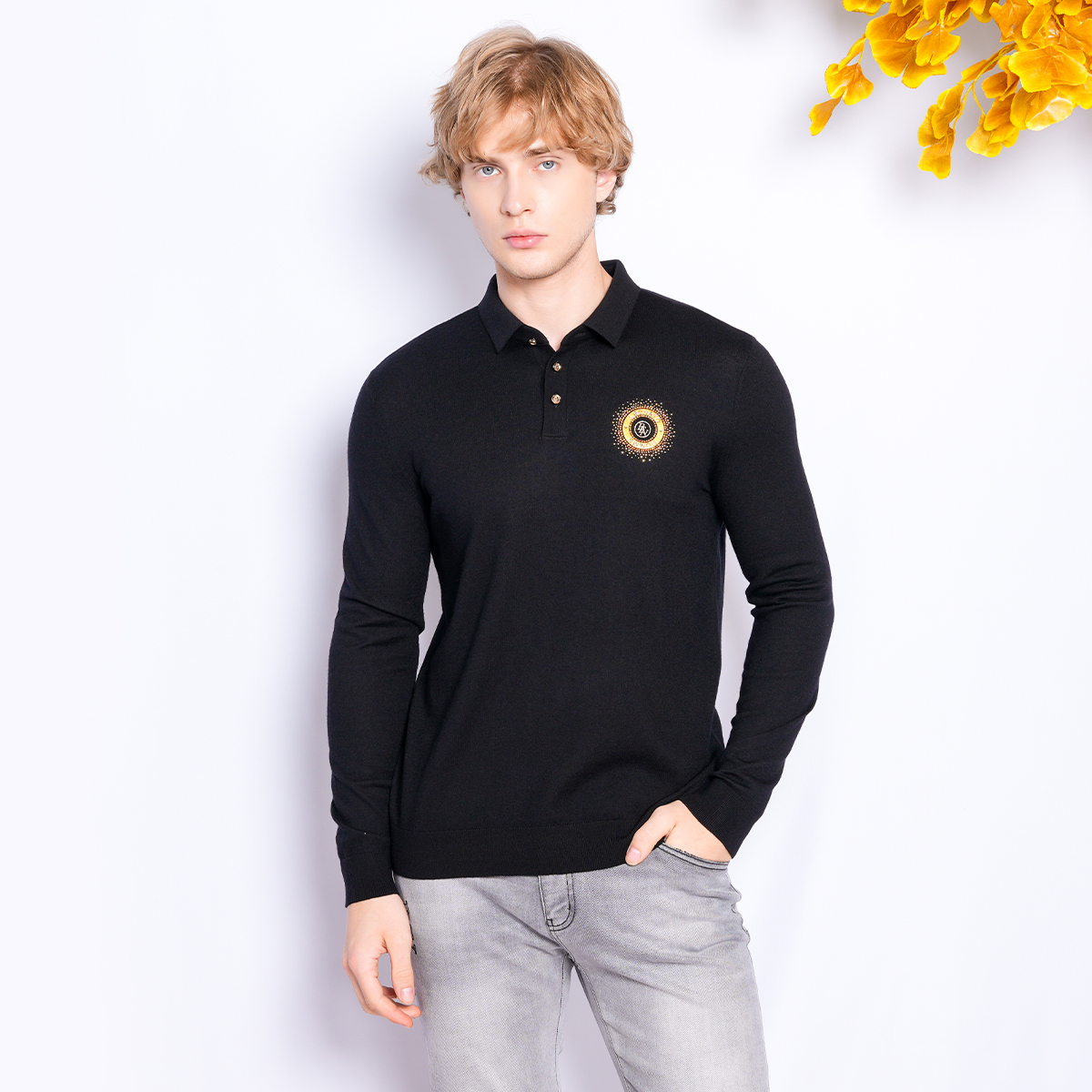 宾度男士轻奢羊毛幻彩烫钻POLO衫