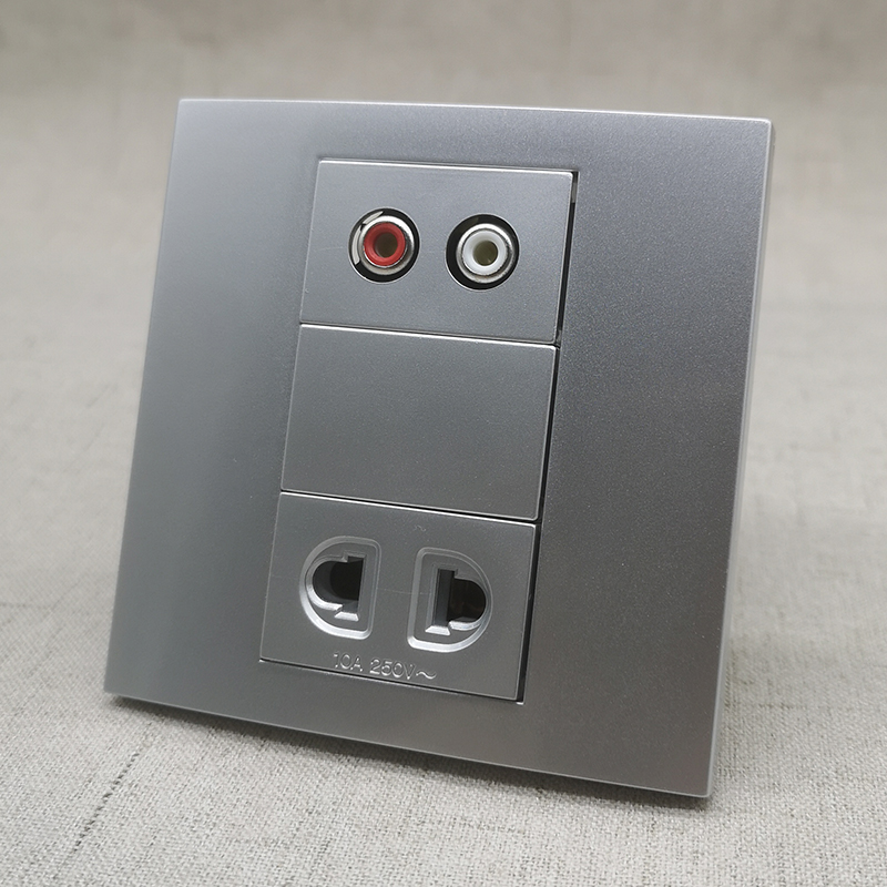 银色86型音频莲花拧线二孔AV多媒体二孔10A电源墙壁插座面板