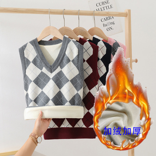 女童马甲儿童格子灰色毛背心男童毛衣针织加绒毛线大童学院风马夹
