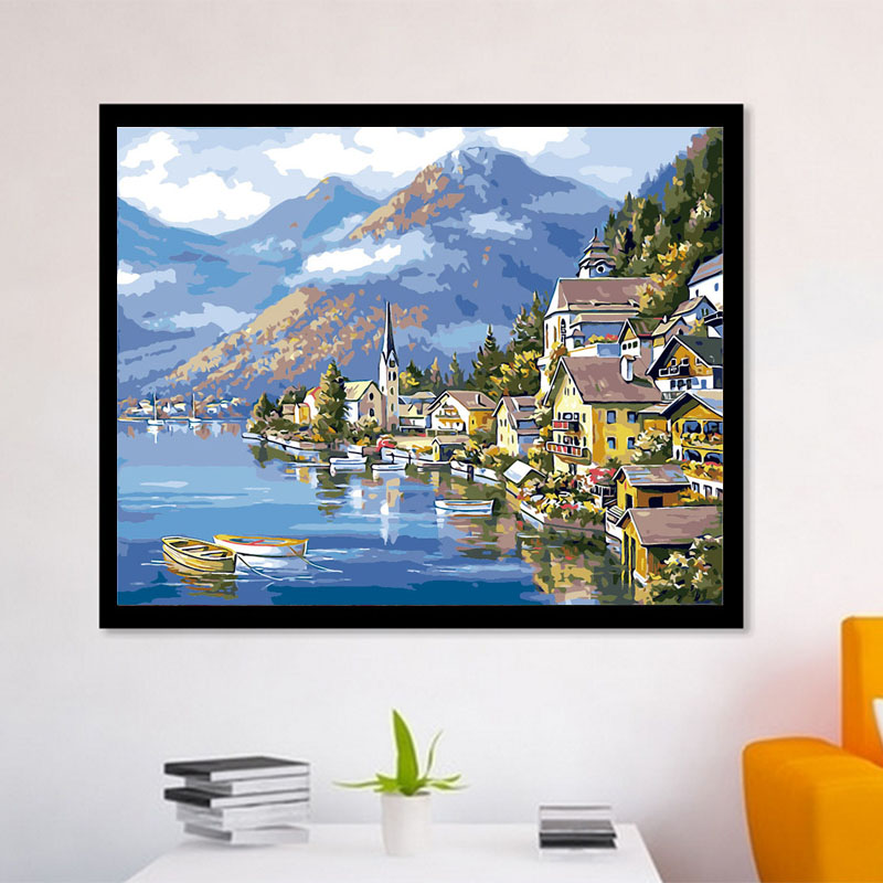 diy数字油画海边风景建筑客厅挂画装饰画海边别墅 40*50*65*75图片
