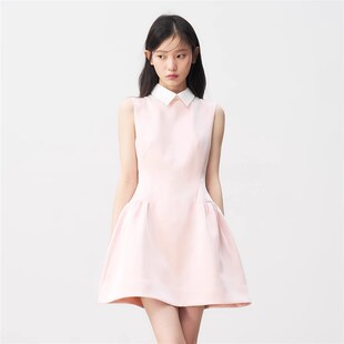 RECIT 淡粉色光泽感缎面背心连衣裙女春收腰衬衫领无袖假两件短裙