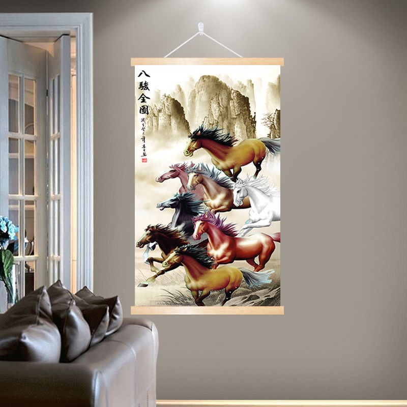 八骏图入户玄关装饰画竖版马到成功国画万马奔腾画客厅八马图挂画