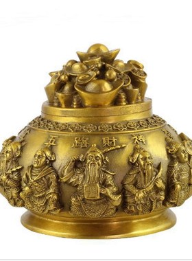 纯铜聚宝盆招财摆件家居装饰品五路财神聚宝盆工艺礼品摆饰中式送