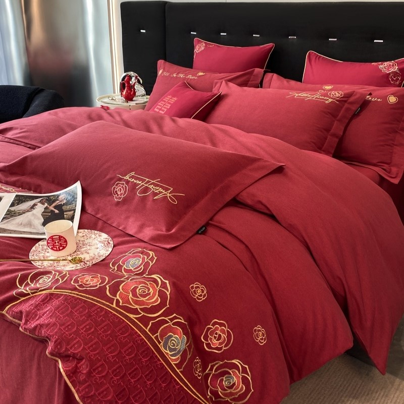 结婚纯棉磨毛四件套婚床上用品秋冬婚庆大红色喜被套女方陪嫁床单