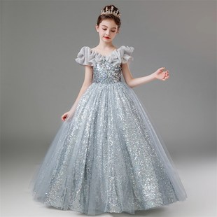 儿童礼服主持人亮片闪亮生日女童公主裙模特走秀钢琴演出服高级感