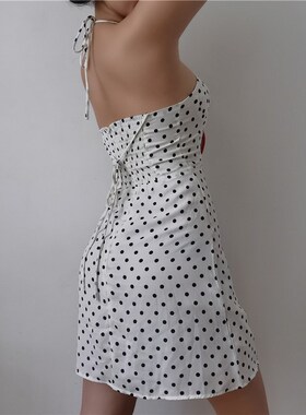 SUP法式复古绑带吊带波点连衣裙甜美修身收腰显瘦A字裙度假短裙女