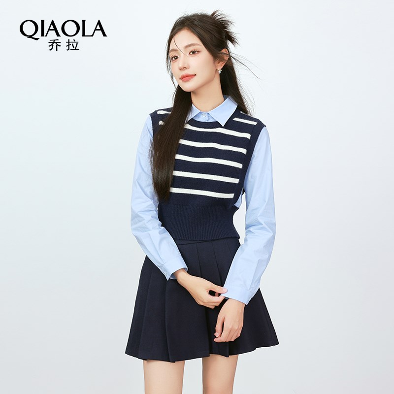 乔拉【返校日记】学院风假两件针织衬衫上衣女早秋新款半身裙套装