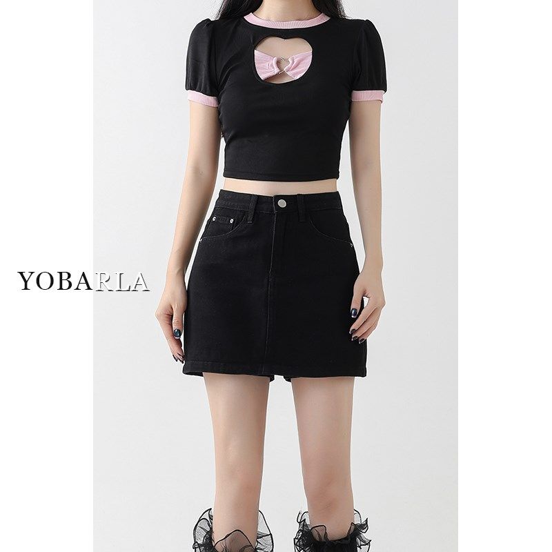 黑色牛仔短裙裤女高腰夏季大码胖mm遮肚子显瘦梨形身材a字半身裙