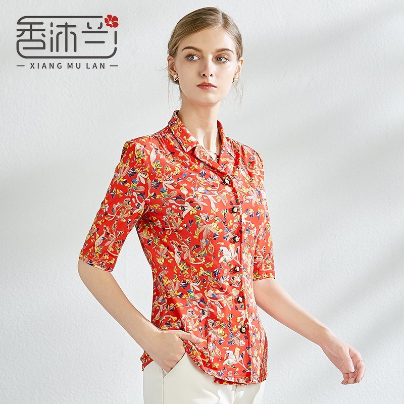 香沐兰2025夏季新款短袖衬衫女碎花衬衣洋气橘红色大码设计感上衣
