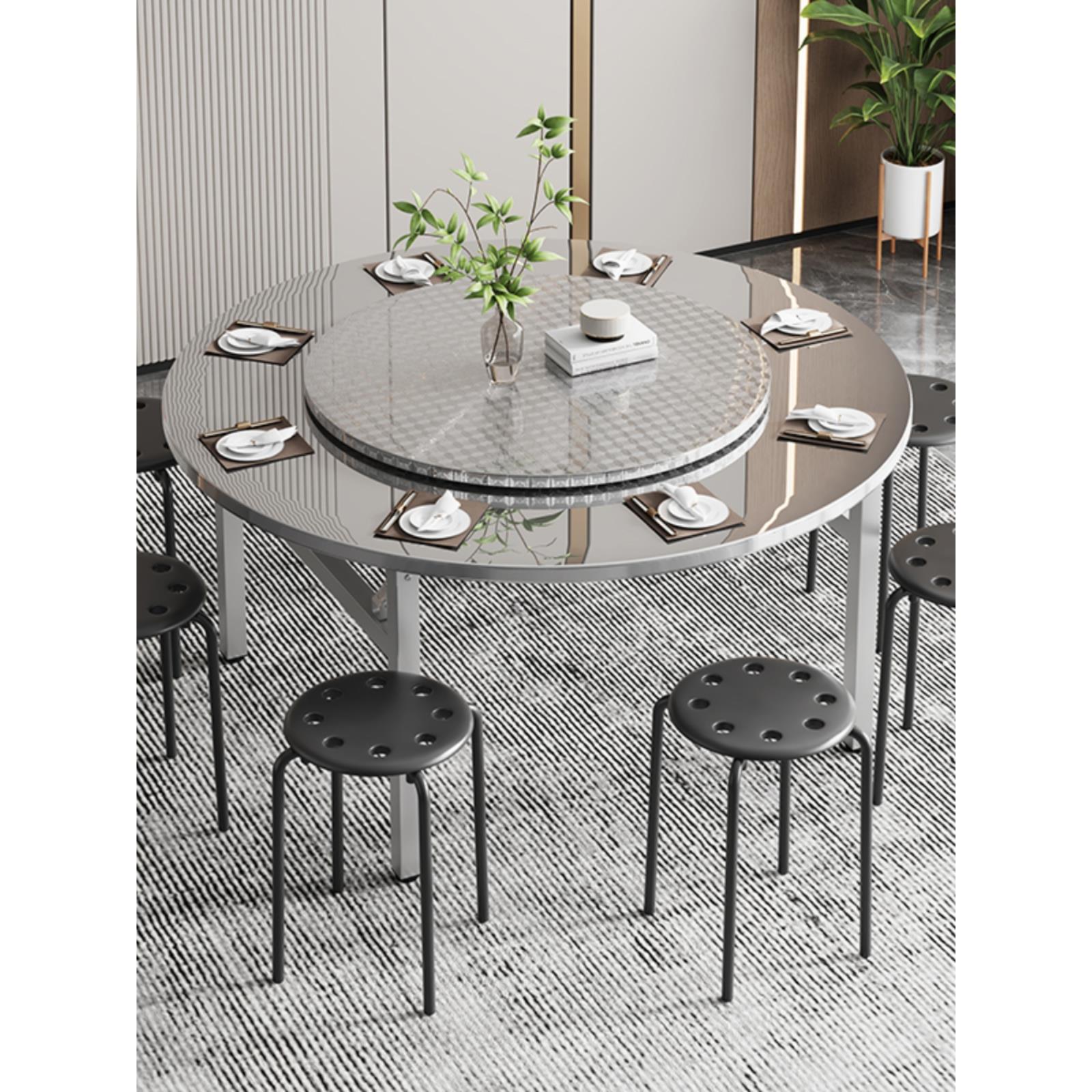 304不锈钢餐桌圆桌折叠桌子家用宿舍出租房酒店吃饭桌桌摆摊便携