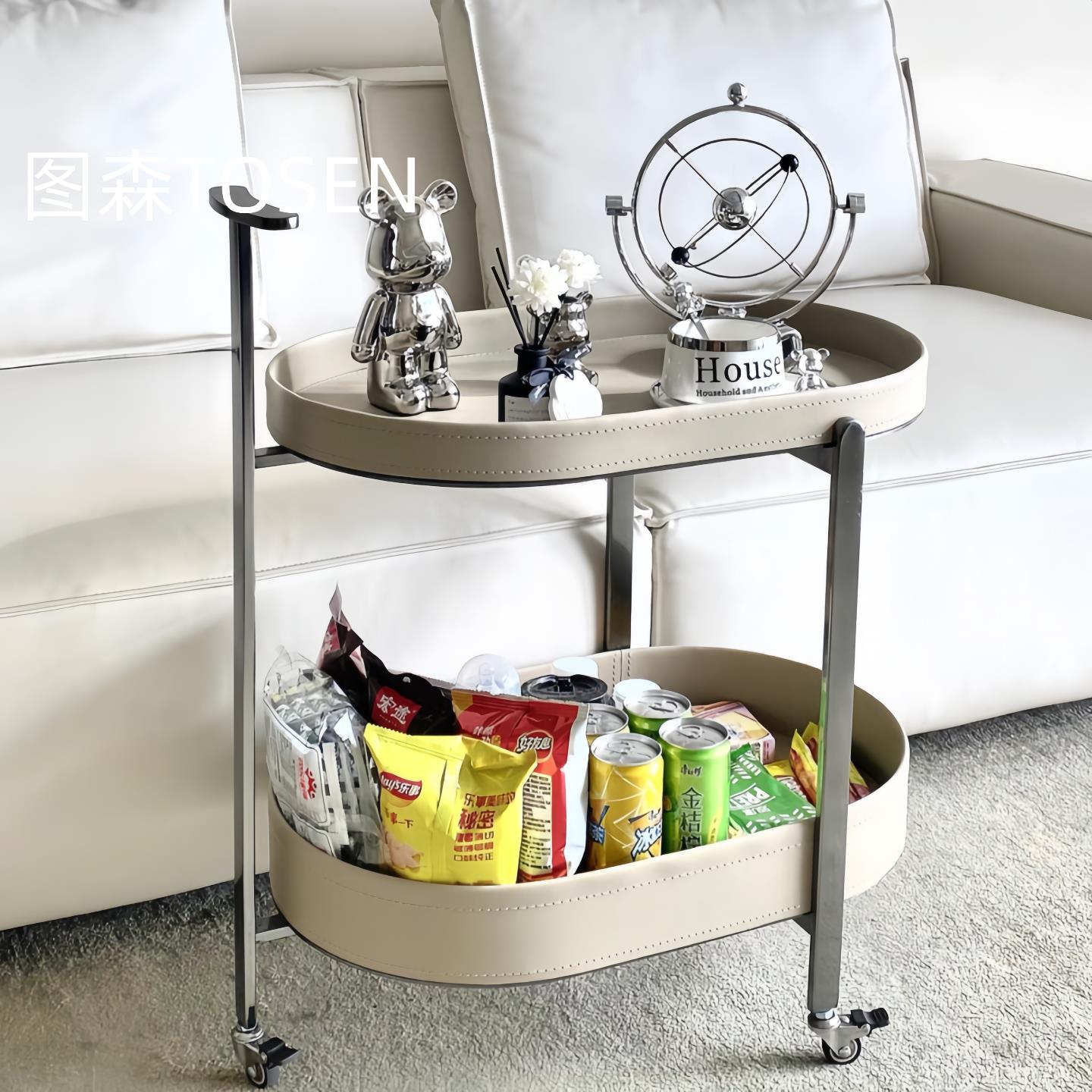 轻奢马鞍皮可移动客厅茶几沙发边几家用小推车带轮收纳零食置物架