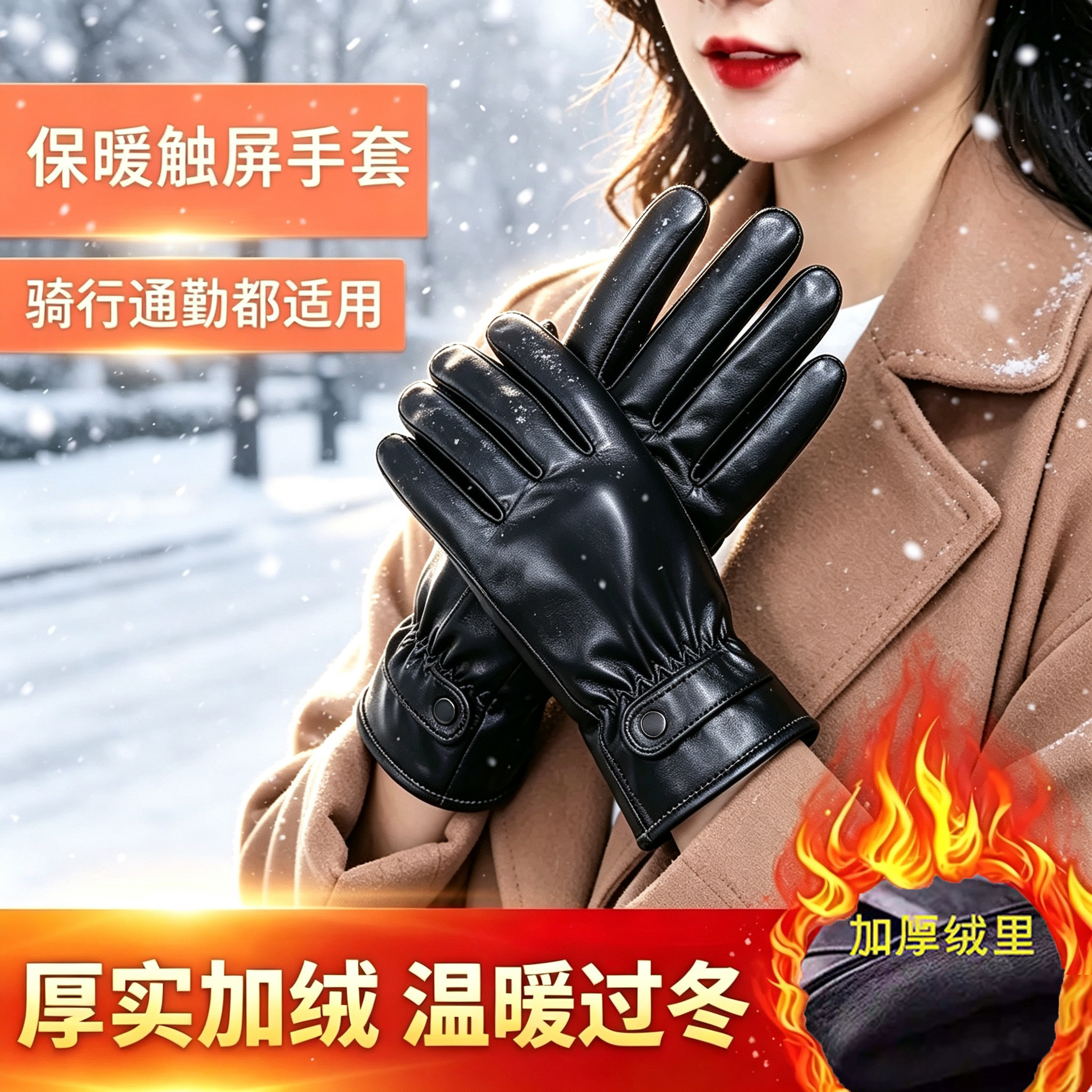 PU手套男冬季加绒保暖加厚