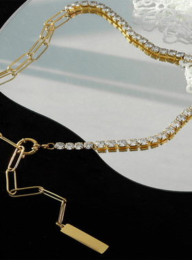 极速Temperament zircon inlwaid square long pendant titanium