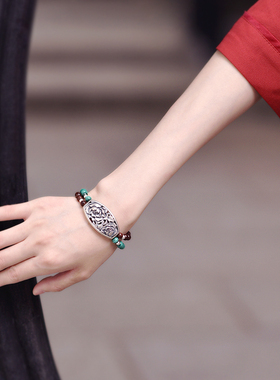 极速凤穿牡丹手链女纯银文艺复古银饰小叶J紫檀孔雀石混合diy创意