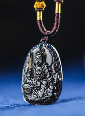 极速文殊菩萨吊坠冰种黑曜石本命佛E属兔十二生肖八大守护神项链