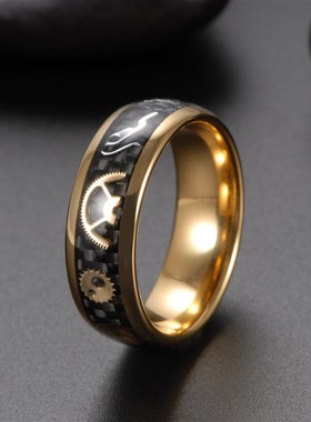 极速Mens Gold Tungsten Carbide Ring Inlay Black CarWbon Fibe