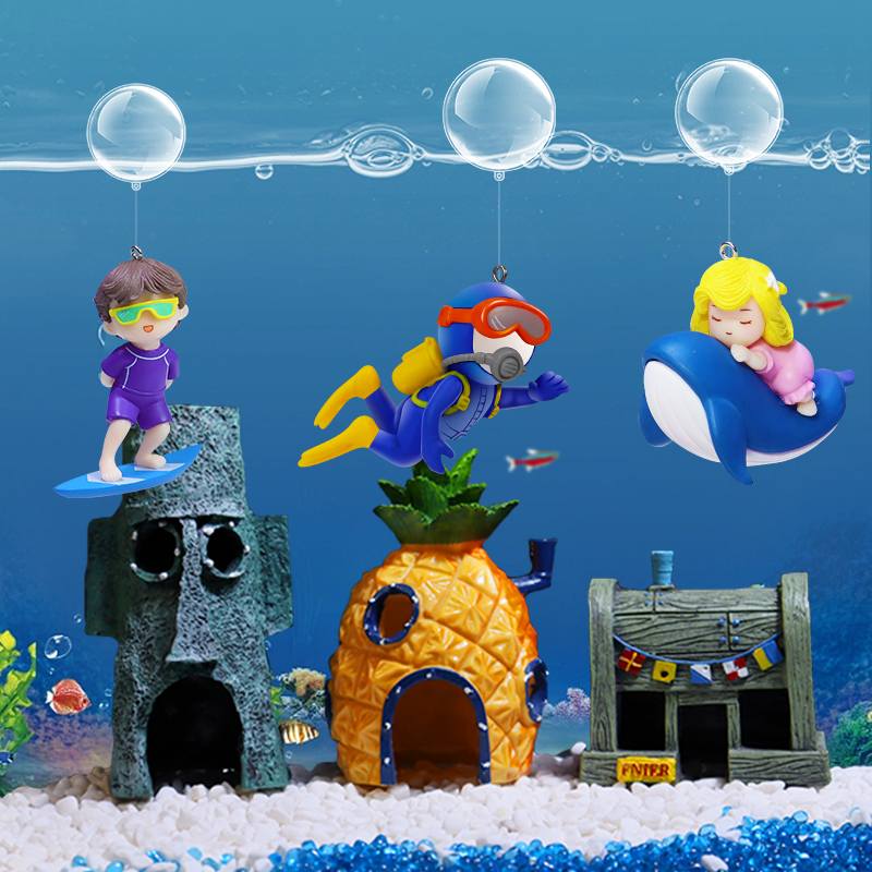 极速鱼缸造d景创意装饰品漂浮蓝胖子潜水员水中布景海底世界套餐