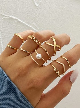 极速10-piece ring sHet 珍珠关节戒金色食指戒