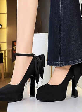 8322-H100M欧美绒面超高跟防水台浅口一字式扣带珍珠蝴蝶结单鞋女
