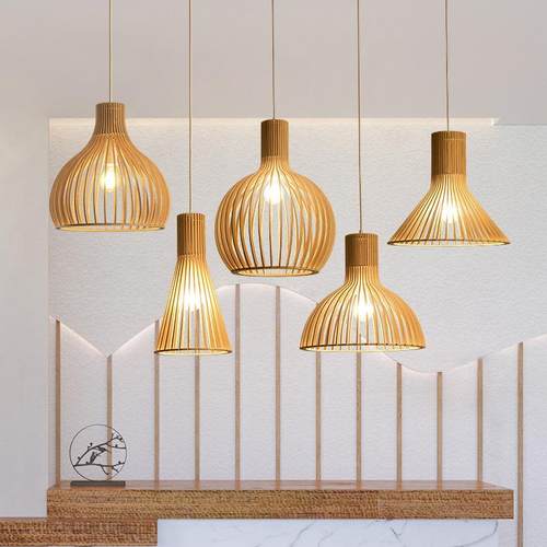 现代中式餐厅客厅实木吊灯创意鸟笼面店木艺吊灯单头木质日式灯具