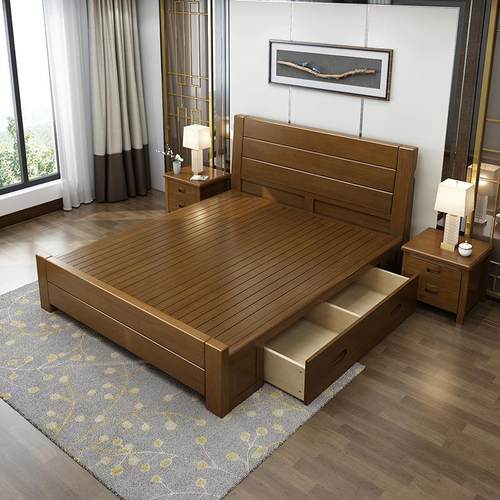 新中式实木床橡木实木家具成人主卧1.5高箱1.8米大双人床纯实木