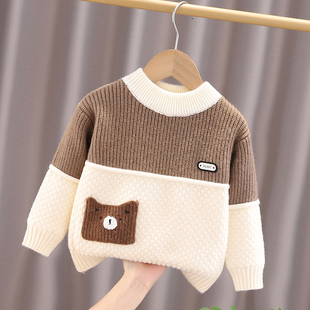 古卡恩男童加绒毛衣婴儿童男孩拼色加厚打底衫小童宝宝洋气秋冬装