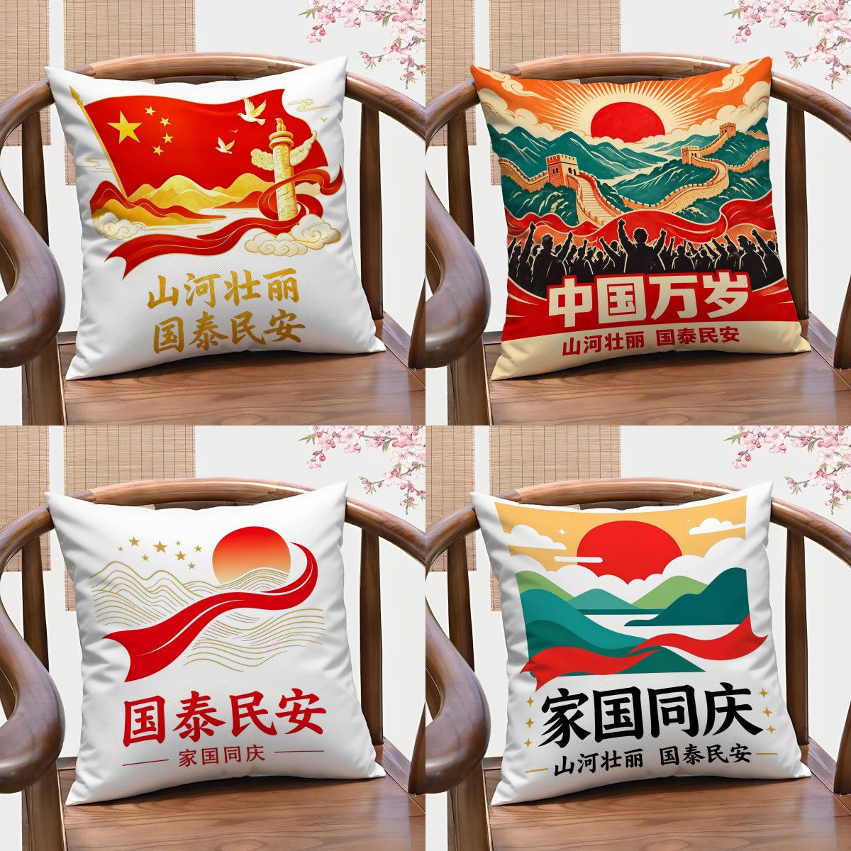 国庆红色爱国文创抱枕山河壮丽金色文字印花节日纪念办公室靠枕