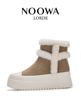 NOOWA商场同款加绒短靴2025冬季真皮厚底英伦磨砂保暖毛毛女士靴
