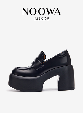 NOOWA粗跟乐福鞋女2025秋冬新款真皮小个子增高百搭松糕jk小皮鞋
