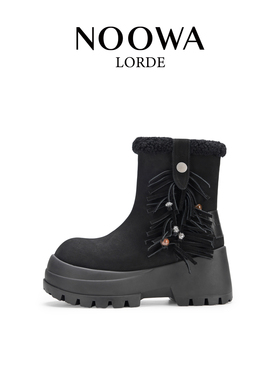 NOOWA厚底加绒马丁靴女2025秋冬新款真皮时尚保暖增高流苏毛毛靴