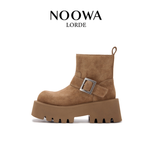 NOOWA厚底加绒马丁靴女款2025冬新款英伦风真皮增高百搭保暖短靴