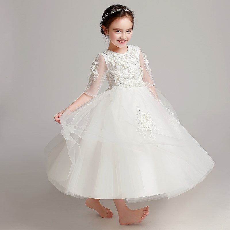 女童晚礼服裙女孩婚纱长款儿童公主裙小花童主持人钢琴演出服长袖