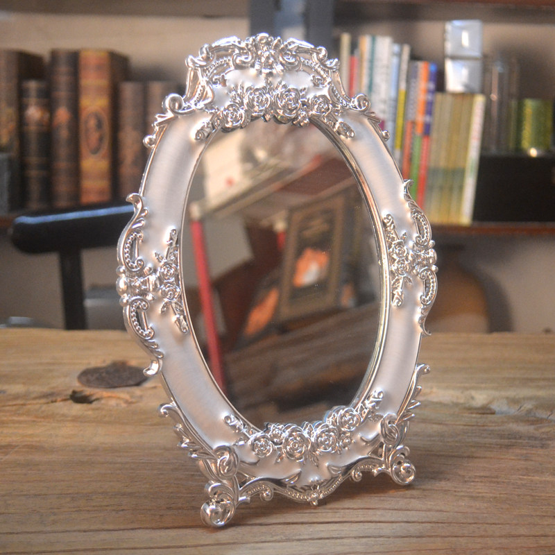 精美欧式银白色PV化梳妆公主镜少女台式桌面可爱镜子装饰用品摆件