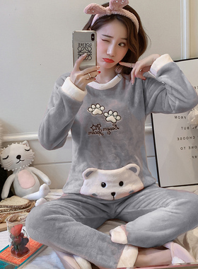 灰色法兰绒睡衣女秋冬学生可爱加厚保暖珊瑚绒加大码宽松两件套装