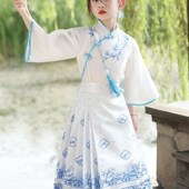 青花瓷旗袍女童套装 连衣裙 秋儿童汉服高端马面裙小女孩中国风古装