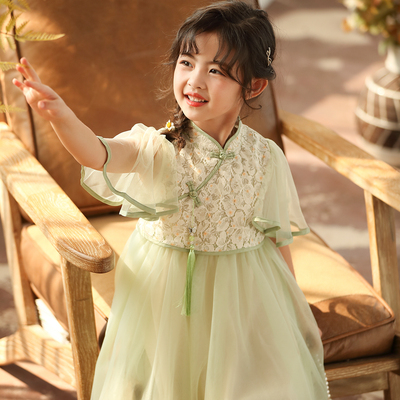 女童中国风连衣裙短袖裙2023夏季中大童复古风裙儿童网纱蕾丝裙子