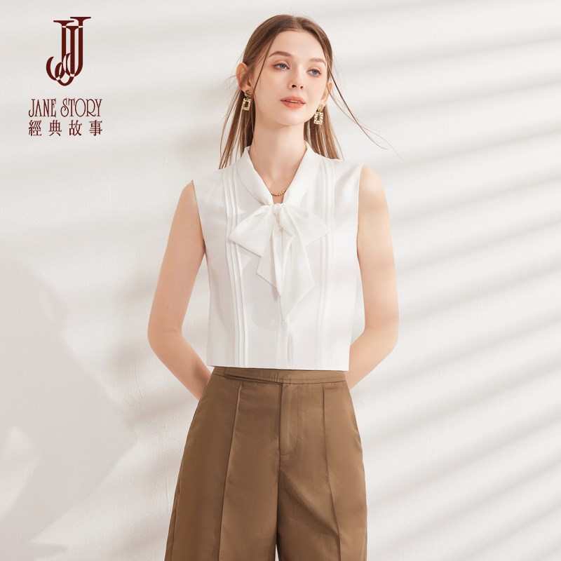 2024新款系带领法式衬衫女夏季高端气质无袖衬衣白色雪纺衫上衣