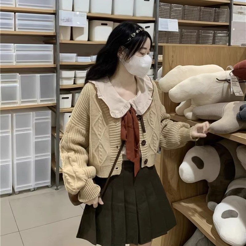 学院风套装女春秋茶系搭配一整套针织毛衣娃娃领衬衫百褶裙三件套,女装/女士精品,时尚套装,淘宝优惠券,粉丝福利购,淘宝优惠卷