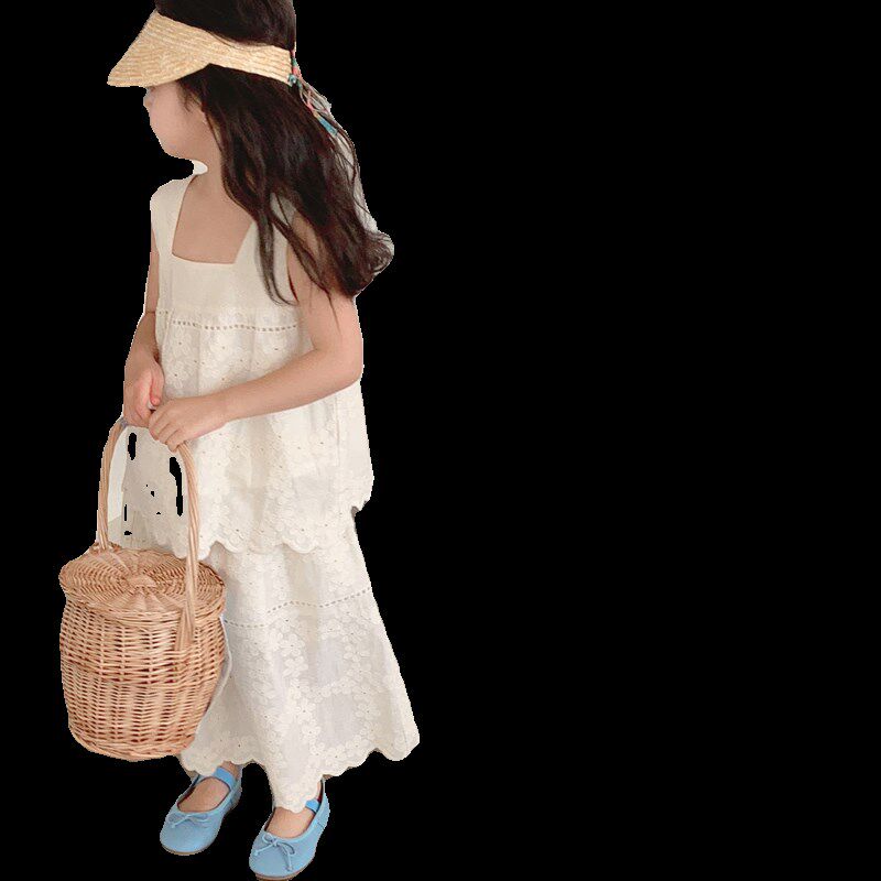 女童夏装套装连衣裙2024新款中大童无袖背心上衣蕾丝公主裙两件套