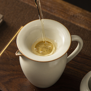 米黄汝窑公道杯高端陶瓷茶杯分茶器茶海单个泡茶功夫茶具配件公杯