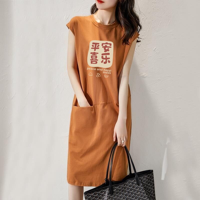 2024新款女装宽松大码休闲无袖背心T恤裙中长款遮屁股家居连衣裙