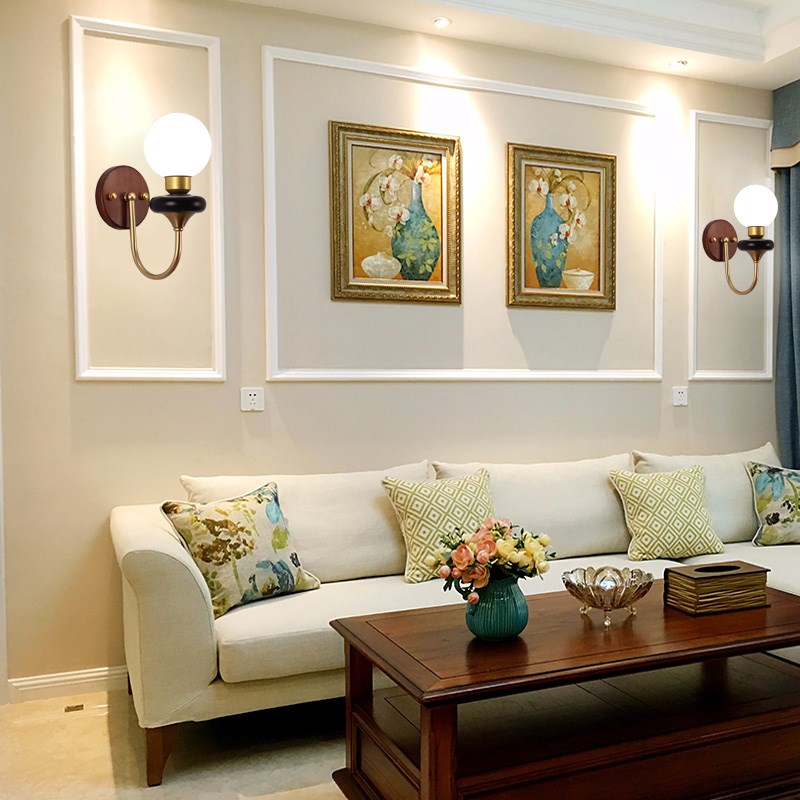 法式复古壁灯美式简约卧室床头灯中古客厅背景墙书房过道实木灯具