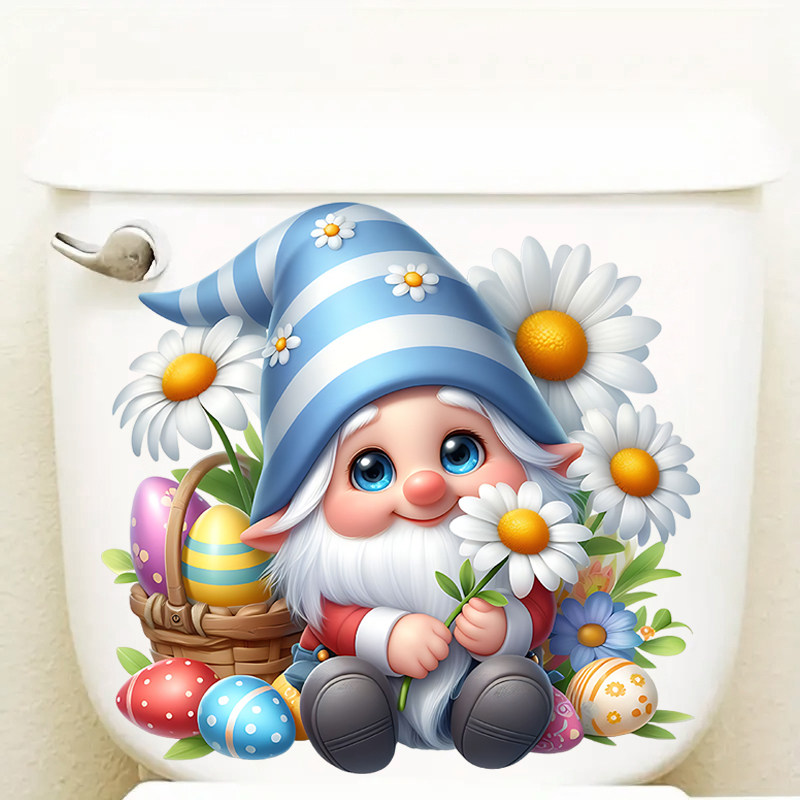 可爱精灵和白色菊花浴室马桶盖水箱装饰贴纸自粘贴画复活节彩蛋