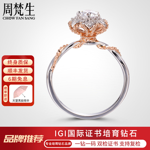 周梵生【培育】人造钻石戒指女18K金人工花型显大钻戒一1克拉女戒