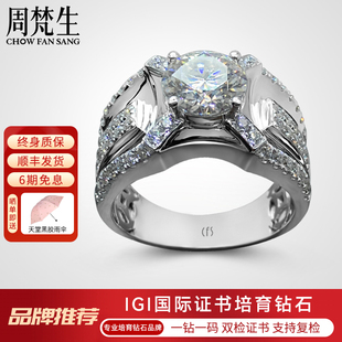 周梵生【培育】人造合成钻石戒指18K金1克拉钻戒个性豪华群镶男戒